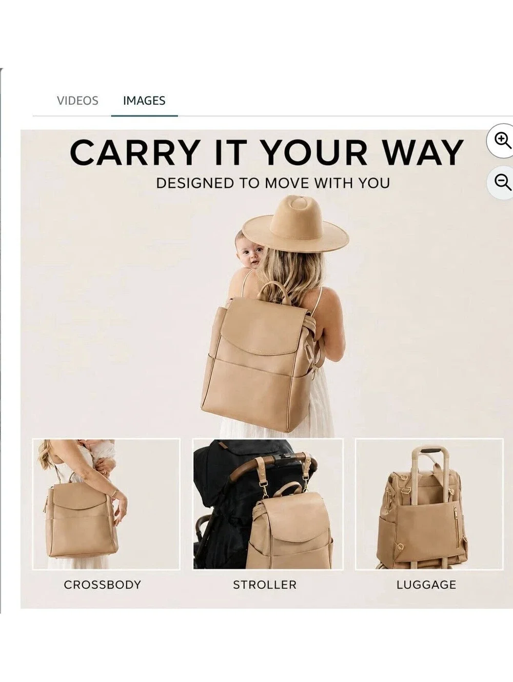 MIA + SOPHIA Tan Microfiber Leather Diaper Backpack w/ USB, Insulated Pockets